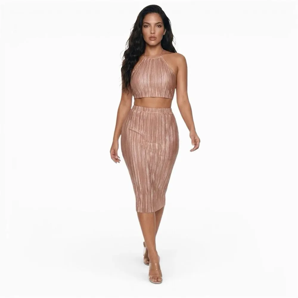 Women Metallic Golden Midi Skirt Size 4 Pleated Stretch